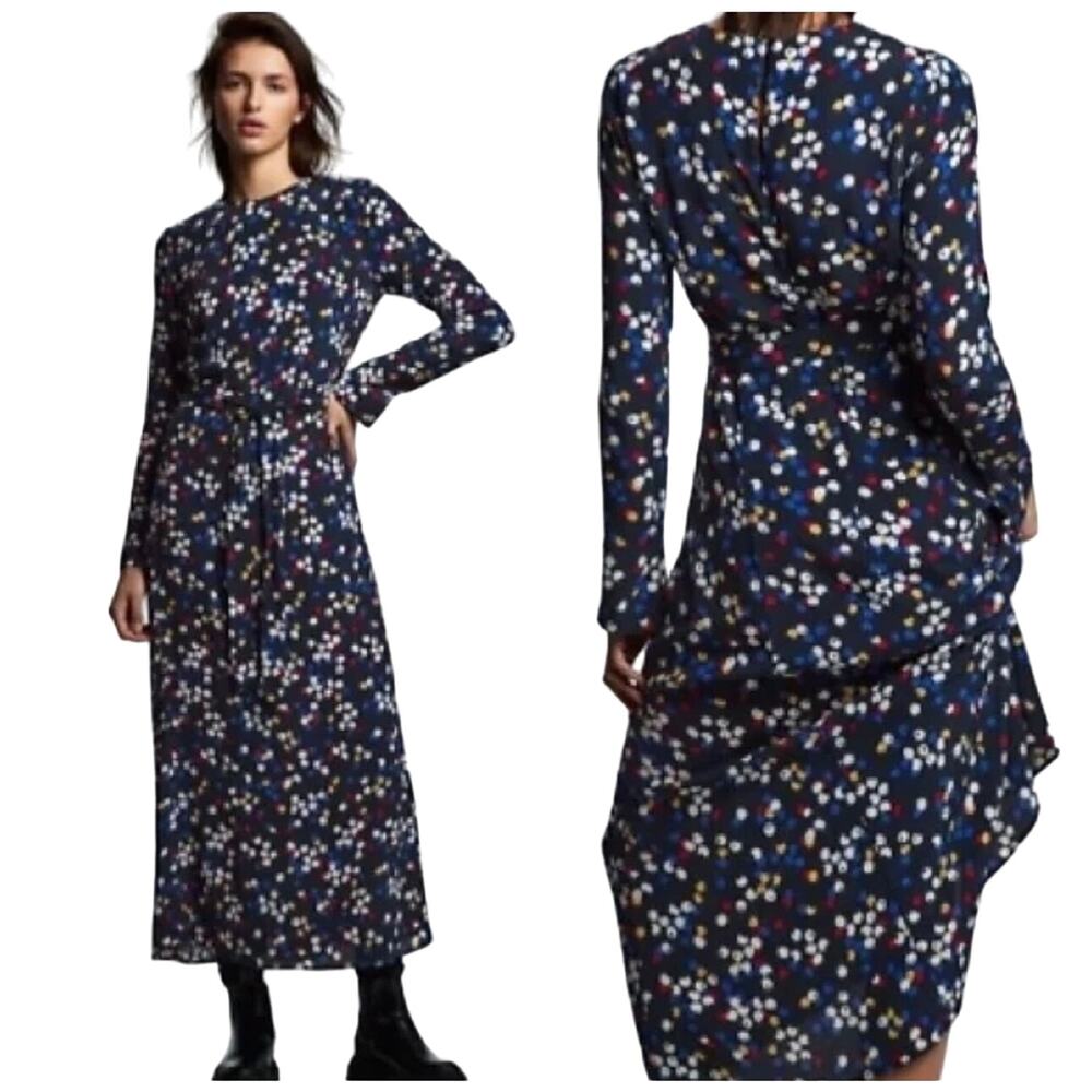 Zara Lexi Long Sleeve Abstract Dots Navy Belted Maxi Dress Women sz XS